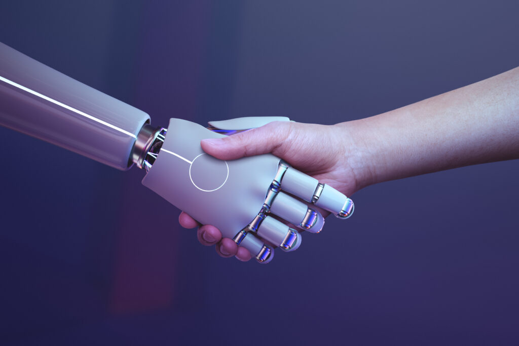 robot handshake human background futuristic digital age 1 1024x683